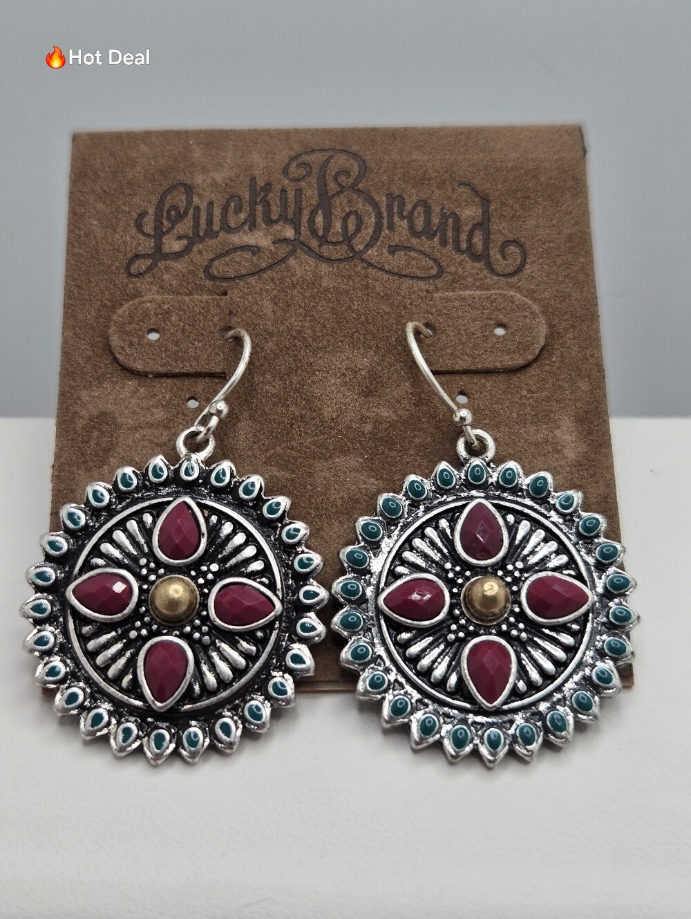 Lucky Brand Silver Tone Medallion Earrings Red Green Stone Boho Southwestern 1.5